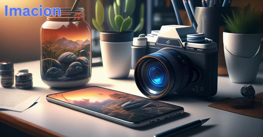 a camera and a phone on a table Imacion
